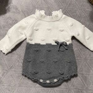 Classic Two-Tone Pom-Pom Knit Baby One-Piece - White & Gray